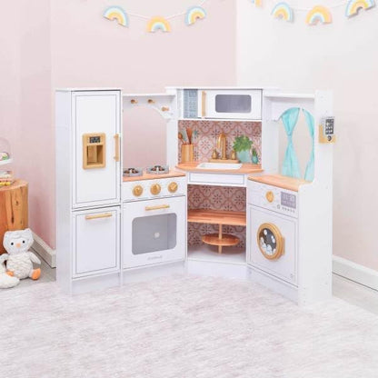 KidKraft Ultimate Corner Wooden Play Kitchen with Lights & Sounds, Play Phone and Curtains, White