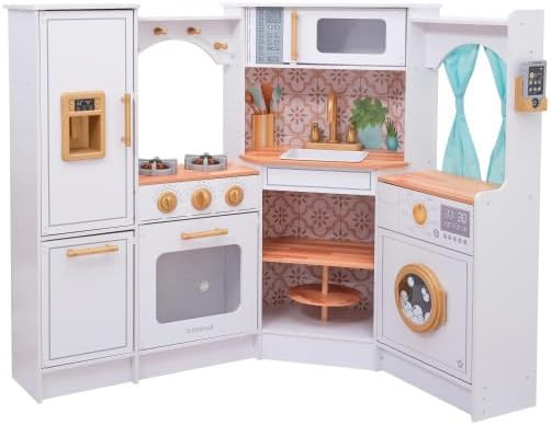 KidKraft Ultimate Corner Wooden Play Kitchen with Lights & Sounds, Play Phone and Curtains, White