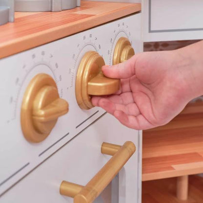 KidKraft Ultimate Corner Wooden Play Kitchen with Lights & Sounds, Play Phone and Curtains, White