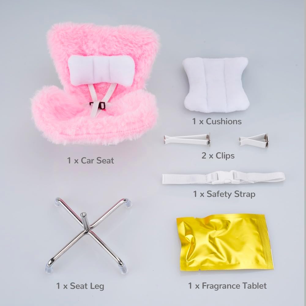 Doll Car Seat for Labubu 17cm with Air Vent Clip and Desktop Stand, Cute and Functional Car Ornament for Blind Box Doll Fans, Collectors (Light Pink)