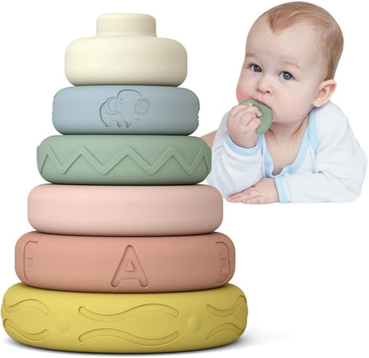 Mini Tudou 6 PCS Baby Stacking & Nesting Toys, Soft Stacking Blocks Ring Stacker, Baby Sensory Teether Toys with Letter, Animal and Shape, Early Learning Toys for Babies Toddlers Kids 6 Months