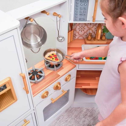 KidKraft Ultimate Corner Wooden Play Kitchen with Lights & Sounds, Play Phone and Curtains, White