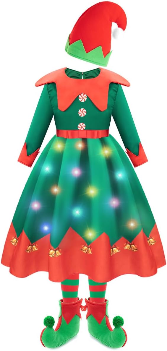 Meland Light Up Christmas Costumes for Girls with Elf Shoe Covers - Elf Outfit for Kids 4-12