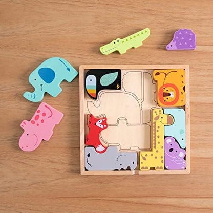 Fat Brain Toys Animal Block Puzzle - Wooden Shape-Matching Game for Preschoolers