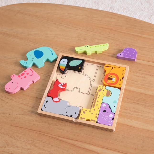 Fat Brain Toys Animal Block Puzzle - Wooden Shape-Matching Game for Preschoolers