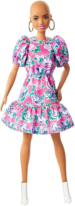 Barbie Fashionistas Doll #150 with No-Hair Look Wearing Pink Floral Dress, White Booties & Earrings, Toy for Kids 3 to 8 Years Old