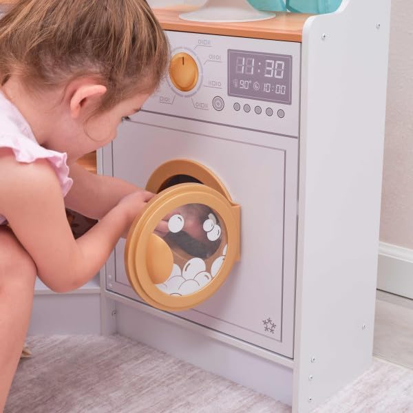 KidKraft Ultimate Corner Wooden Play Kitchen with Lights & Sounds, Play Phone and Curtains, White