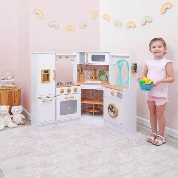 KidKraft Ultimate Corner Wooden Play Kitchen with Lights & Sounds, Play Phone and Curtains, White