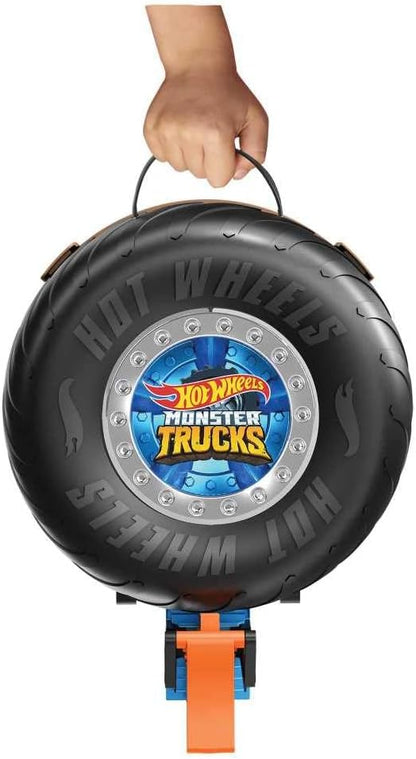 Hot Wheels Toy Monster Trucks Playset, Tire-Shaped Case Transforms into Race Course, 3 Trucks & 4 Cars in 1:64 Scale, Stunt Tire (Amazon Exclusive)