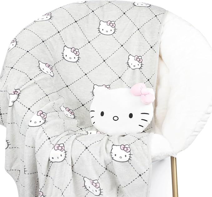 Jay Franco Hello Kitty Nogginz Set - 40 x 50 Inch Lightweight Travel Throw Blanket & Pillow - Super Soft Pink Bow 2 Piece Bedding Set