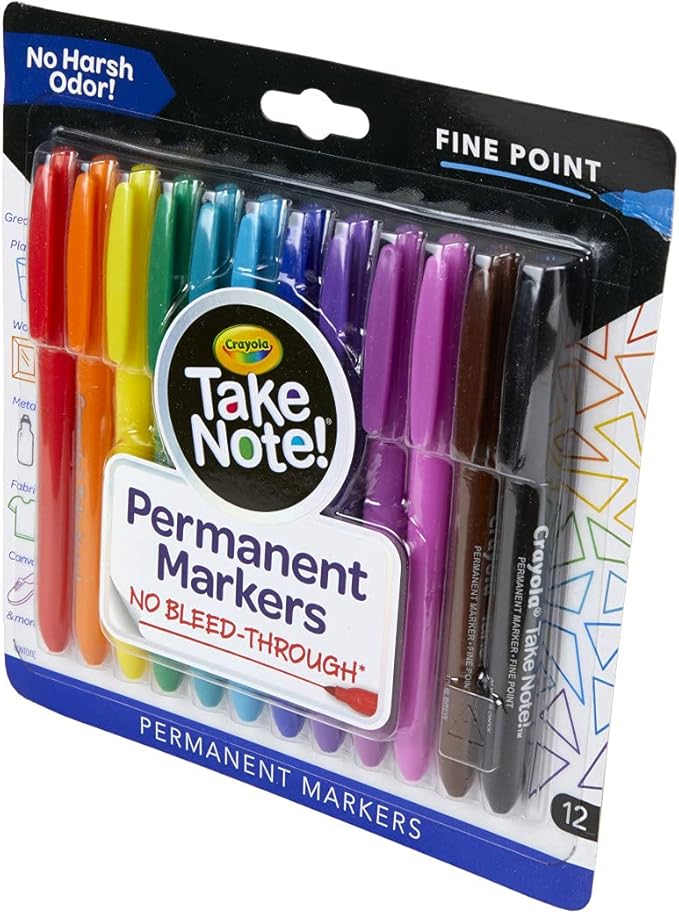 Crayola Take Note Permanent Markers, Fine Point, School Supplies, 12 Count