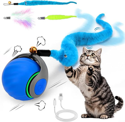 Interactive Cat Toy Ball - Speedy Cat Toys for Indoor Cats with Feather Tails for Chasing, Moving Stimulation Smart Cat Toy for Enrichment, Motion Activated Automatic Rolling Toys to Keep Them Busy