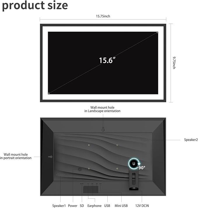 Frameo 15.6 Inch Large Digital Picture Frame WiFi Electronic Smart Digital Photo Frame 32GB 1920 * 1080 IPS Touch Screen Wall Mountable Auto-Rotate iOS Android Easy Setup to Photo or Video Best Gift