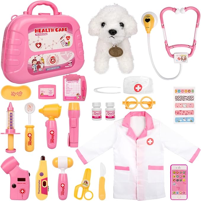 Meland Toy Doctor Kit for Girls - Pretend Play Doctor Set with Carrying Case,Stethoscope Toy & Dress Up Costume - Doctor Play Set for Girls Toddlers Ages 3 4 5 6 Year Old for Role Play Gift