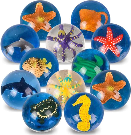 ArtCreativity Aquatic High Bounce Balls, Set of 12, Balls for Kids with 3D Sea Creatures Inside, Outdoor Toys for Encouraging Active Play, Aquatic Party Favors and Pinata Stuffers for Boys and Girls