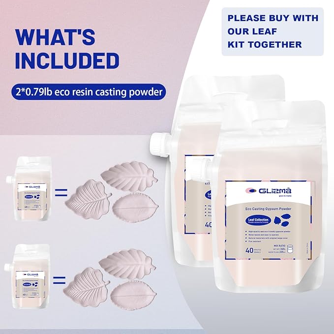 Glizma Refill Bag for Leaf Kit 0.79lb*2, Resin Casting Powder 360g*2, Water Activated Works of Art of Plaster, Fast Curing, 40+ Minutes Demold, Shaking Bag Design, Easy Mixing and Self Leveling