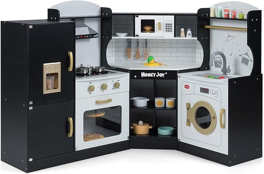 HONEY JOY Corner Kids Kitchen Playset, Ultimate Wooden Play Kitchen for Toddlers, Washing Machine, Ice Maker, Sink, Microwave, Little Chef Pretend Play Toy Kitchen Set, Gift for Boys Girls, Black