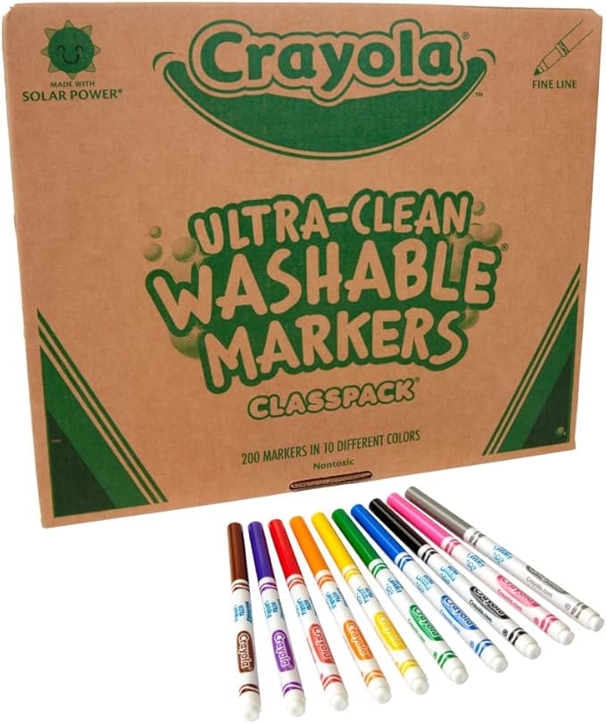 Crayola Ultra Clean Washable Markers Classpack (200ct), 10 Assorted Colors, Bulk Markers for Preschool, Kindergarten, Elementary Classrooms, Ages 3, 4, 5