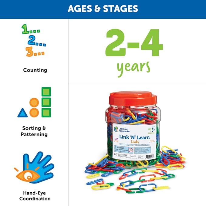 Learning Resources Link 'N' Learn Links - 500 Pieces, Ages 3+, Preschool Supplies, Toddler Toys, Math Manipulatives