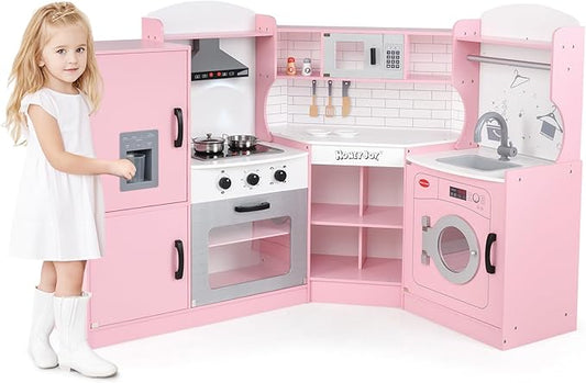 HONEY JOY Corner Kids Kitchen Playset, Ultimate Wooden Play Kitchen for Toddlers, Washing Machine, Ice Maker, Sink, Microwave, Little Chef Pretend Play Toy Kitchen Set, Gift for Boys Girls, Pink