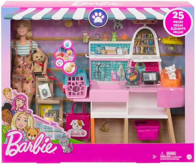 Barbie Doll (11.5-in Blonde) and Pet Boutique Playset with 4 Pets, Color-Change Grooming Feature and Accessories, Great Gift for 3 to 7 Year Olds