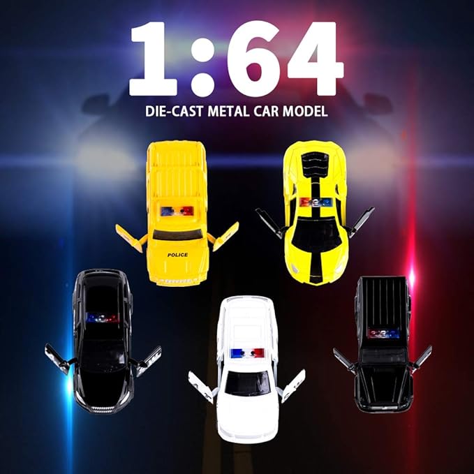 KIDAMI Die Cast Metal Toy Cars Set of 5, Little Openable Doors Pull Back Car Gift Pack for Kids (Police car)