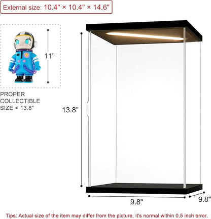 Acrylic Display Case for Collectibles Clear Acrylic Boxes for Display Action Figures Dolls Lighted Trophy Pop Mart Display Case Dustproof Storage Box(Black-Solid Yellow; 9.8*9.8*13.8 inch)