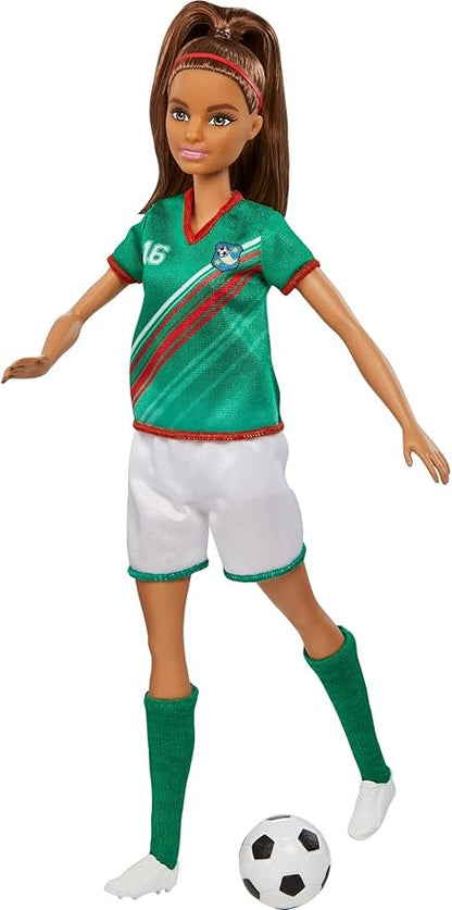 Barbie Careers Fashion Doll & Accessory, Soccer Player with Brunette Ponytail, #16 Uniform, Tall Socks, Cleats & Ball