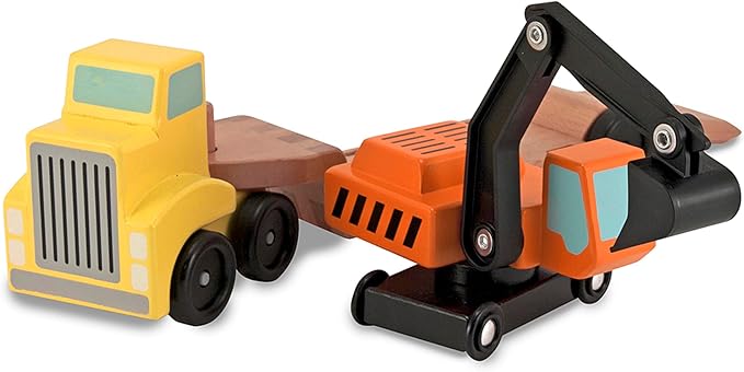Melissa & Doug Trailer and Excavator Wooden Vehicle Set (3 pcs)