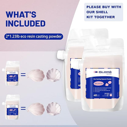 Glizma Refill Bag for Shell Kit 1.23lb*2, Resin Casting Powder 560g*2, Fast Curing, 40+ Minutes Demold, Water Activated Plaster Powder, Shaking Bag Design, Easy Mixing and Self Leveling
