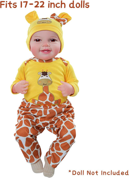 BABESIDE 4 PCS Reborn Baby Doll Clothes 20 Inch Giraffe Pattern Outfit Accessories Set for 17-22 Inch Baby Dolls Boys Clothing with Hat, Yellow