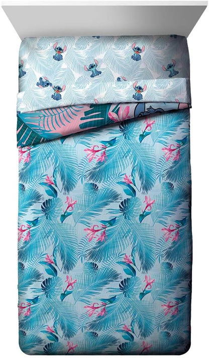 Jay Franco Disney Lilo & Stitch Floral Fun Twin Comforter & Sham Set - Super Soft Kids Reversible Bedding - Fade Resistant Microfiber (Official Disney Product)