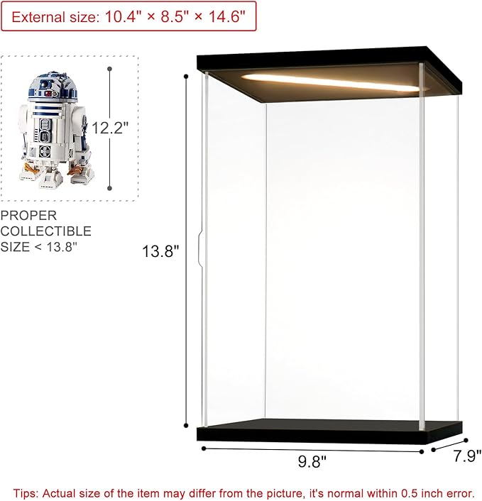 Acrylic Display Case for Collectibles Clear Acrylic Boxes for Display Minifigures Trophy Lighted Building Lego 75308 Model Display Case Organizer Box(Black-Solid Yellow; 9.8*7.9*13.8 inch)