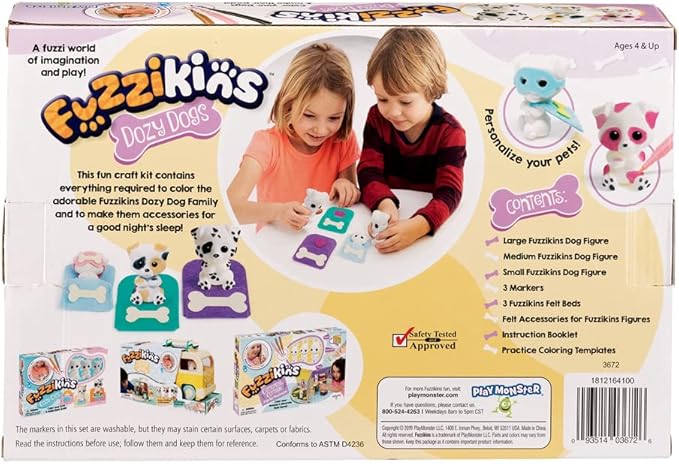 PlayMonster Fuzzikins — Dozy Dogs — Fuzzy Coloring Arts & Crafts and Toy — Design It and Redesign It — For Ages 4+, Pink/Blue/Yellow