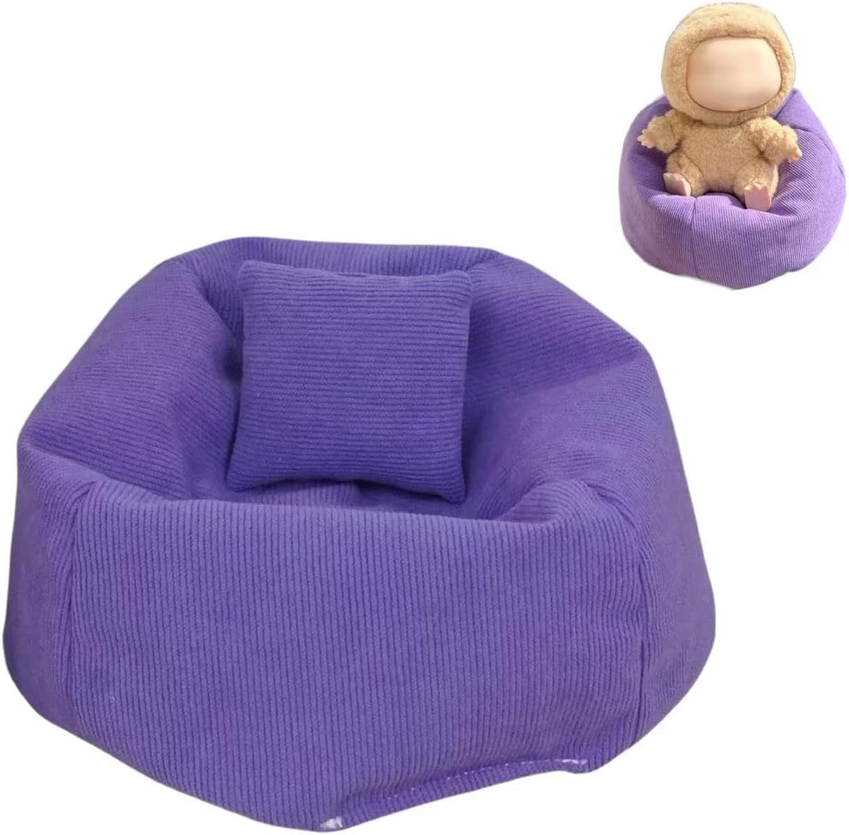 Miniature Sofa for Labubu, Cute Doll Seat for 17cm Labubu, Handmade Bean Bag Chair with Pillows, Soft Lazy Sofa Seat Miniature Couch for Dollhouse Furniture Decoration (Purple)