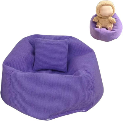 Miniature Sofa for Labubu, Cute Doll Seat for 17cm Labubu, Handmade Bean Bag Chair with Pillows, Soft Lazy Sofa Seat Miniature Couch for Dollhouse Furniture Decoration (Purple)