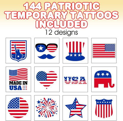 ArtCreativity American USA Patriotic Individual Tattoos for Kids (Pack of 144) Non-Toxic 1.5 Inch Pre-Cut Temporary Tattoos - Red White and Blue, July 4th Labor Day Tattoo Party Favors and Accessories