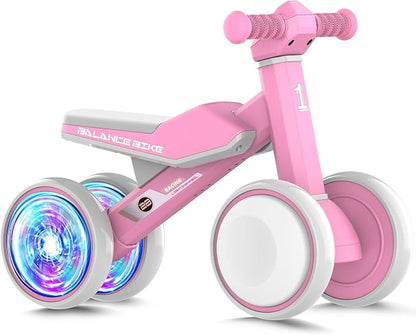 Colorful Lighting Baby Balance Bike Toys for 1 Year Old Girls Gifts, Toddler First Bike 12-24 Months with Adjustable and Cushioned Seat, 4 Quiet Wheels Ride-On Toy, Perfect First Birthday Gift