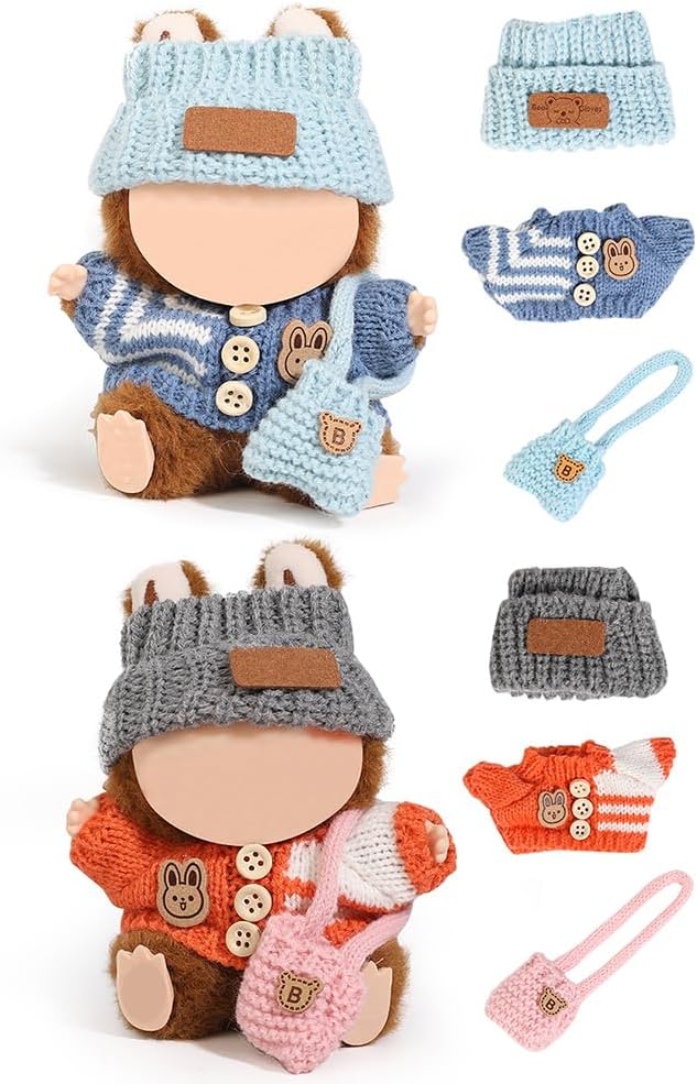 (2 Pack) Doll Clothes for Labubu (for Standing/Sitting 17/15cm Doll)(NO Doll)- Multiple Style Accessories Clothes for Dolls Outfit Included Clothing+ Hat+ Shoulder Bag for Girl Woman (GOP+BBB)