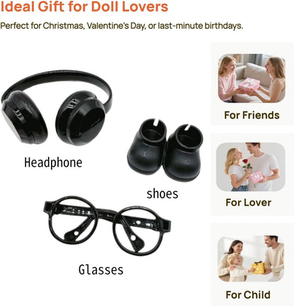 Doll Accessories Set for 15cm/17cm Dolls - Mini Glasses, Headphones & Mini Doll Shoes Compatible with Labubu,Doll Dress Up Costume Supplies
