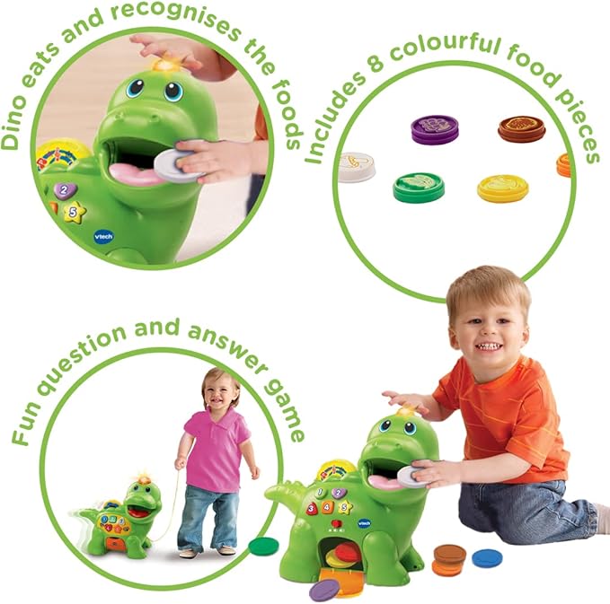 VTech Baby Feed Me Dino | Musical Baby Toy with Numbers, Counting Music & Shapes | Interactive Light Up Toy Suitable from 1, 2, 3 Year Olds Boys & Girls, Green, 27 x 12.3 x 26 cm