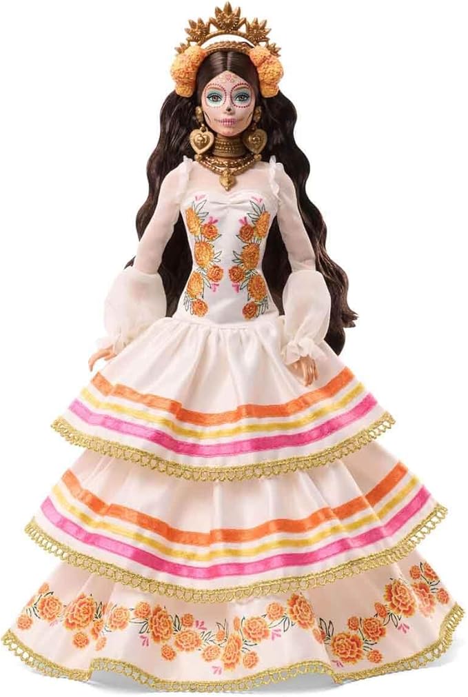 Barbie Signature Doll, Día De Muertos 2025 Collectible in Ruffled Cream Gown Trimmed with Marigolds and Ribbon, Flower Crown and Calavera Face Paint
