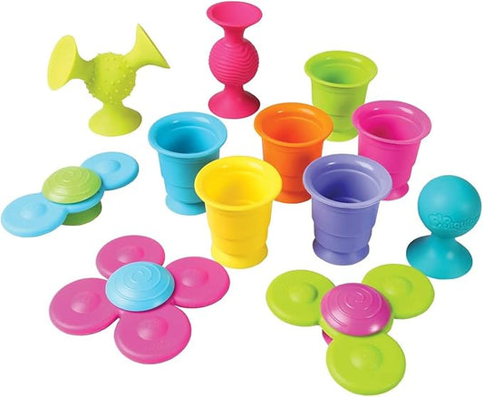 Fat Brain Toys Pipsquigz Whirly-Squigz Suction-Kupz Set - 12 Piece Early Learner Toys - 6 Suction Kupz Stacking Toys, 3 PipSquigz, 3 Whirly Squigz Spinners in Zippered Storage Case - BPA-Free Silicone