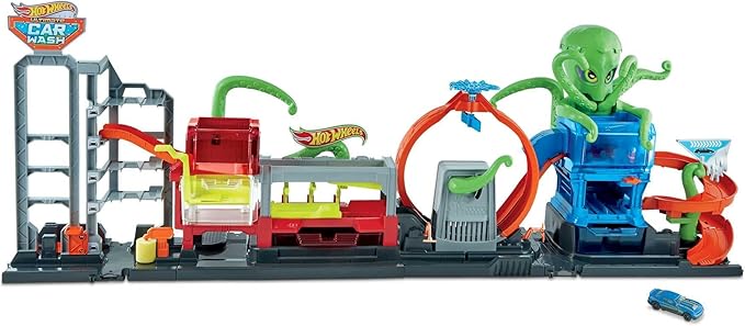 Hot Wheels City Toy Car Track Set, Ultimate Octo Car Wash Playset & Color Reveal Car in 1:64 Scale, Repeat Color Change in Very Warm & ICY Cold Water