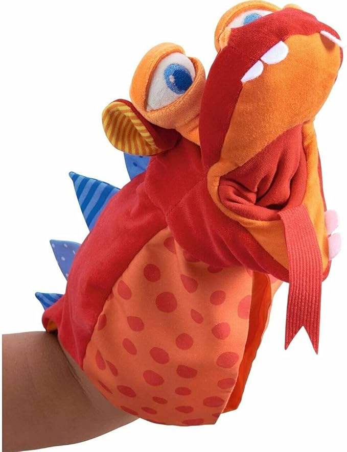 HABA Glove Puppet Eat it Up Dragon - Hand Puppet That Eats Small Objects, Perfect Toddler Toys for Ages 18 Months+, Sensory Hand Puppets, Preschool Toys