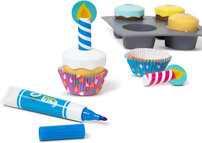 Melissa & Doug Bake & Decorate Wooden Cupcake Kit, with Play Food, Toppings & Play Kitchen Accessories, Preschool Learning Toys for Girls & Boys 3+