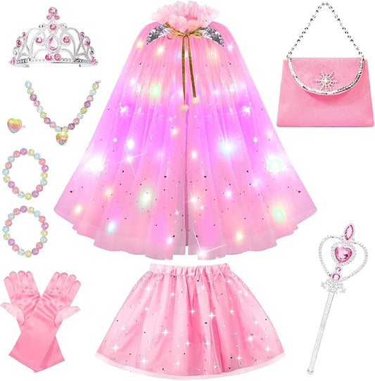 Meland Princess Dress Up for Girls, Light Up Princess Cape with Crown, Dress Up Clothes Birthday Gift for Girls Toys 3-8