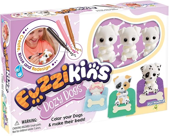 PlayMonster Fuzzikins — Dozy Dogs — Fuzzy Coloring Arts & Crafts and Toy — Design It and Redesign It — For Ages 4+, Pink/Blue/Yellow