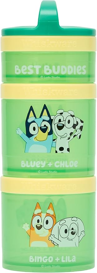Whiskware Bluey Stackable Snack Containers for Babies, Toddlers, and Kids, 3 Stackable Snack Cups for School and Travel, Cupholder Friendly, Bluey, Chloe, Bingo, and Lila, Best Buddies!