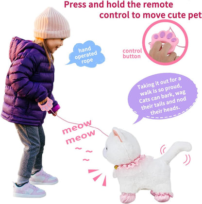 Interactive Electronic Plush Toy Walking and Barking Robot Cat Plush Cat Remote Control Kitten for Girls (White Cat)
